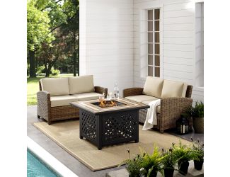 Bradenton 3 Piece Outdoor Loveseat Wicker Seating Set With Sand Cushions