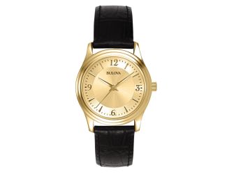 Ladies Black Leather Strap with Gold Dial Watch