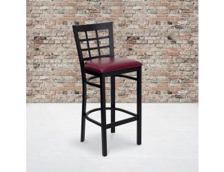 Black Window Back Metal Restaurant Barstool - Burgundy Vinyl Seat