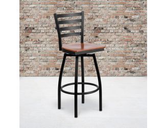Black Ladder Back Swivel Metal Barstool - Cherry Wood Seat
