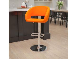 Orange Vinyl Adjustable Height Barstool with Rounded Mid-Back and Chrome Base