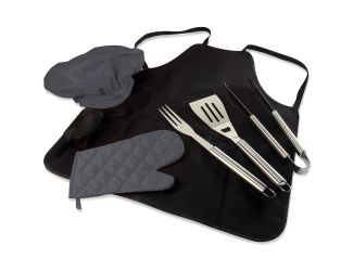 BBQ Apron Tote Pro Grill Set, (Black with Gray Accents)