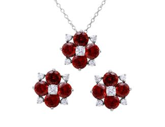 PARIKHS Rhodium Plated Red Flower CZ Necklace-Earring Set in 925 Sterling Silver