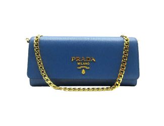 Prada Vitello Move Cobalto Blue Leather Chain Crossbody Wallet Clutch