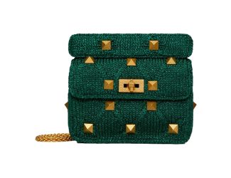 Valentino Garavani Roman Stud Medium Shoulder Bag Metallic Green Lurex