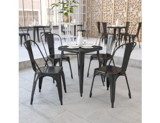 23.75" Square Black Metal Indoor-Outdoor Table Set with 2 Stack Chairs