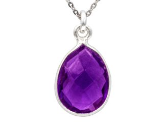 Antwerp's Teardrop Amethyst Necklace is bezel set with solitaire pear shaped Amethyst, 14 x 10 mm