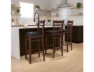 Ladder Back Mahogany Wood Restaurant Barstool - Black Vinyl Seat