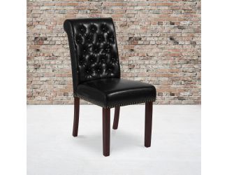 Black LeatherSoft Parsons Chair w/Rolled Back, Accent Nail Trim &Walnut Finish