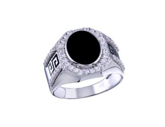 PARIKHS Men's Rhodium Plated Flat Oval Onyx Ring with CZ in 925 Sterling Silver - Size-10