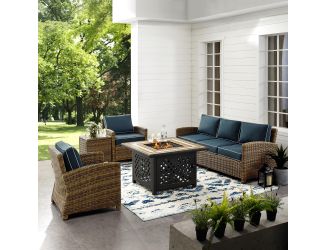 Bradenton 5-Piece Outdoor Wicker Sofa Conversation Set With Navy Cushions