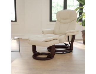 Beige LeatherSoft Multi-Position Recliner &Curved Ottoman w/Mahogany Wood Base