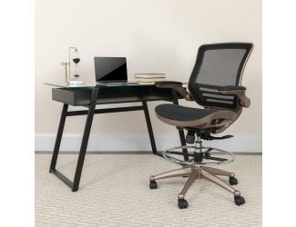 Black Mid-Back Mesh Drafting Chair with Melrose Gold Frame and Flip-Up Arms