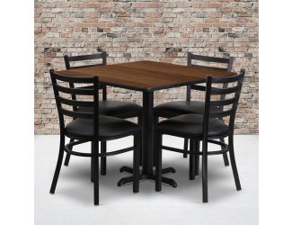 36" Square Walnut Laminate Table w/ X-Base & 4 Metal Chairs - Black Vinyl Seat