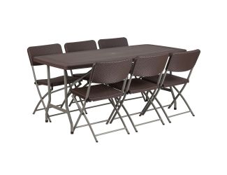 5.62-Foot Brown Rattan Indoor-Outdoor Plastic Folding Table Set with 6 Chairs