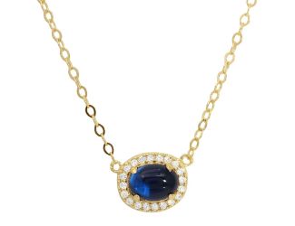 PARIKHS Gold Plated Oval Halo CZ Pendant Blue Center Stone Necklace in 925 Sterling Silver