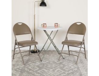 2PK Ultra-Premium Triple Braced Beige Vinyl Folding Chair with Easy-Carry Handle