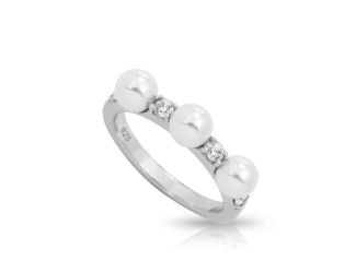 Belle Etoile Round Cubic Zirconia and White Pearl studded Selena Size-7 Ring - 925 Sterling Silver