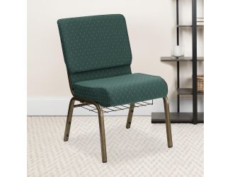 21"W Church Chair in Hunter Green Dot Patterned Fabric with Book Rack-Gold Frame
