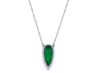 PARIKHS Rhodium Plated Teardrop Green and Clear CZ Necklace in 925 Sterling Silver