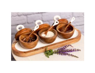 Jeanne Fitz Wood + White Collection Acacia Wood 3 Dipping Bowls with Charcuterie Utensils
