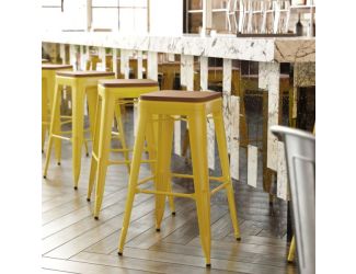 Indoor/Outdoor Backless Bar Stool with Poly Seat - Yellow/Teak