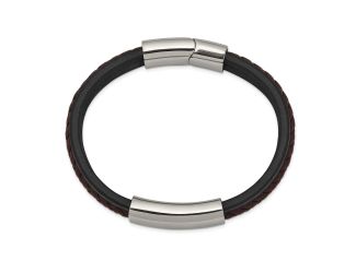 Stainless Steel Polished Black & Brown Braided Leather 8.25in ID Bracelet