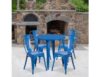 30" Round Blue Metal Indoor-Outdoor Table Set with 4 Cafe Chairs