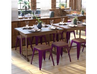 Set of 4 Purple 18" Table Height Indoor Stackable Metal Stool with Wood Seat