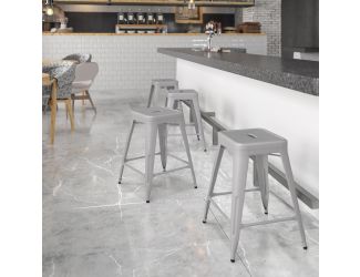 Commercial Grade 24"H Backless Silver Metal Indoor-Outdoor Counter Height Stool