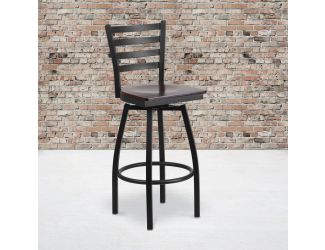 Black Ladder Back Swivel Metal Barstool - Walnut Wood Seat