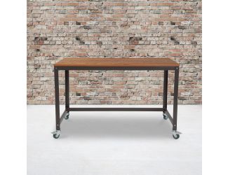 Computer Table and Desk in Brown Oak Wood Grain Finish with Metal Wheels