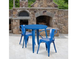 30" Round Blue Metal Indoor-Outdoor Table Set with 2 Arm Chairs