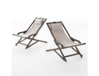 Outdoor Wood & Canvas Sling Chair - Beige, Set of 2