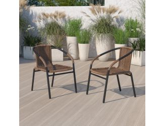 2 Pack Medium Brown Rattan Indoor-Outdoor Restaurant Stack Chair