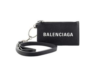 Balenciaga Cash Logo Black Grain Leather Neck Lanyard Card Holder Wallet