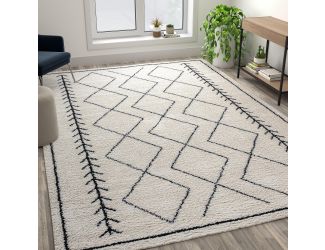 8' x 10' Ivory and Black Geometric Style Modern Bohemian Design Shag Area Rug