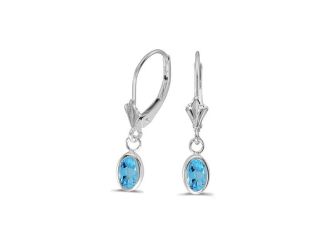 14K White Gold Oval Bezel Blue Topaz Leverback Earrings