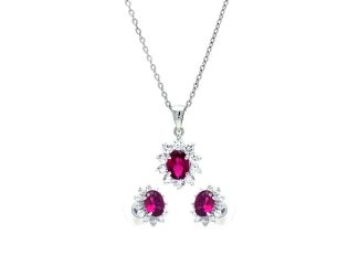 PARIKHS Rhodium Plated Red and Clear Cluster Flower CZ Dangling  Set in 925 Sterling Silver