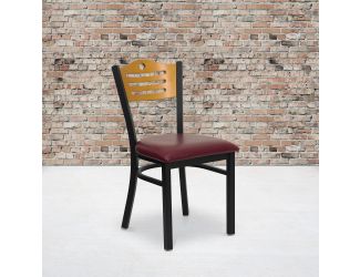 Black Slat Back Metal Restaurant Chair - Natural Wood Back, Burgundy Vinyl Seat