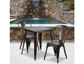 23.75" Square Black-Gold Metal Indoor-Outdoor Table Set with 2 Stack Chairs