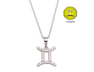 PARIKHS Rhodium Plated Gemini CZ Zodiac Sign Necklace in 925 Sterling Silver