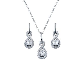 PARIKHS Rhodium Plated Figure 8 Teardrop Clear CZ Necklace-Dangling Stud Set in 925 Sterling Silver
