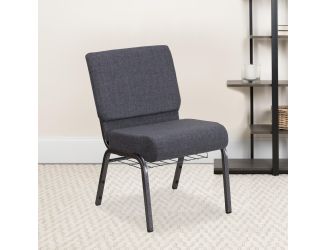21"W Church Chair in Dark Gray Fabric with Book Rack - Silver Vein Frame