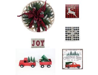 Farmhouse Christmas 5-Piece Decorating Kit: Basket-Top Wreath, Joy Blocks, Tree Sign, Truck/Wagon, R