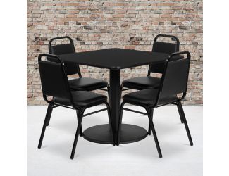 36" Square Black Laminate Table with Round Base and 4 Black Banquet Chairs