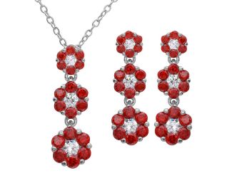 PARIKHS Rhodium Plated 3 Drop Red CZ Flower Necklace-Earring Set in 925 Sterling Silver