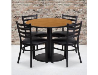 36" Round Natural Laminate Table with Round Base and 4 Ladder Back Metal Chairs