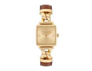 Ladies Cass Gold & Brown Leather Strap Square Watch Gold Dial