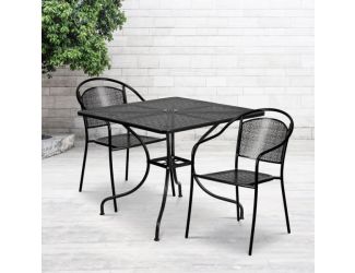 35.5" Square Black Indoor-Outdoor Steel Patio Table Set w/ 2 Round Back Chairs